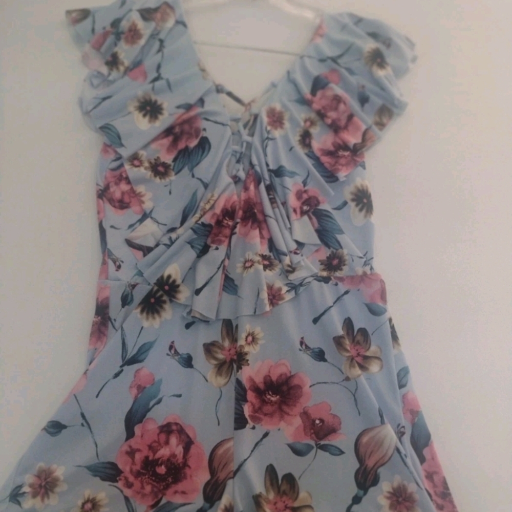 Fashion Nova Small Floral WmsBlue and Pink Jumpsuit Ruffled Sleeves